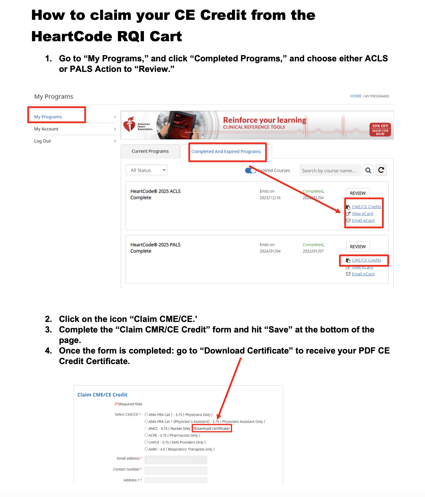 CE credits for RQI BLS Acls and PALS