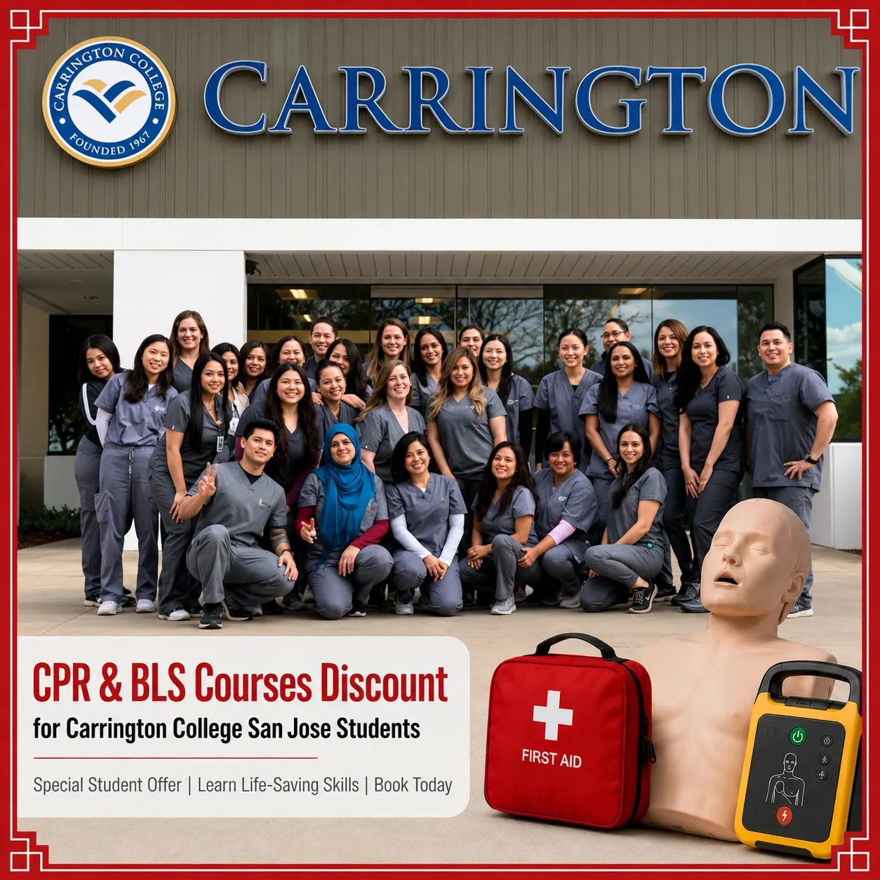 CPR, BLS, ACLS and PALS course discount for Carrington College San Jose students in California